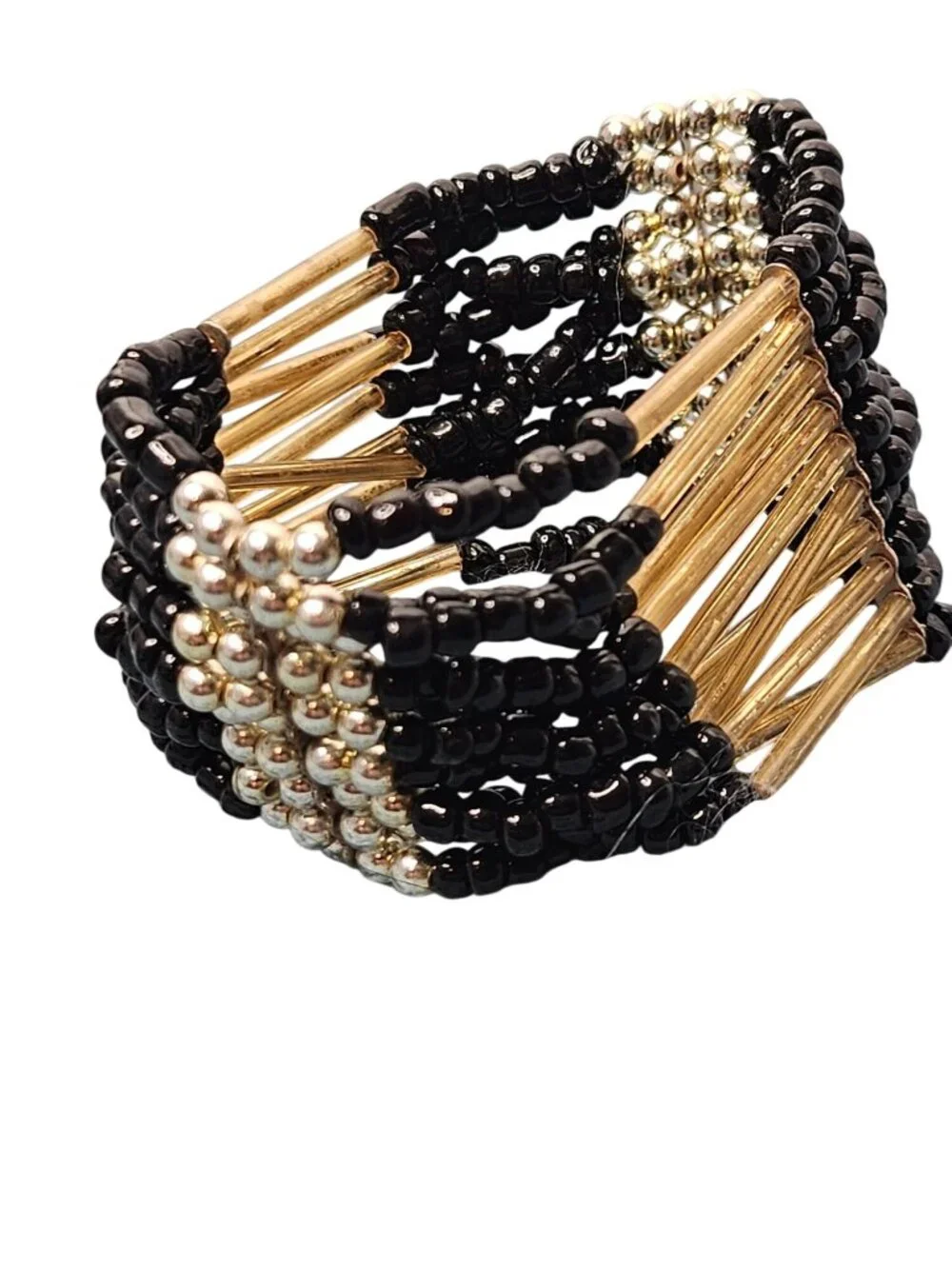 Black Glass Seed Bead Stretchy Bracelet Silvertone 6.75 inches Unstretched